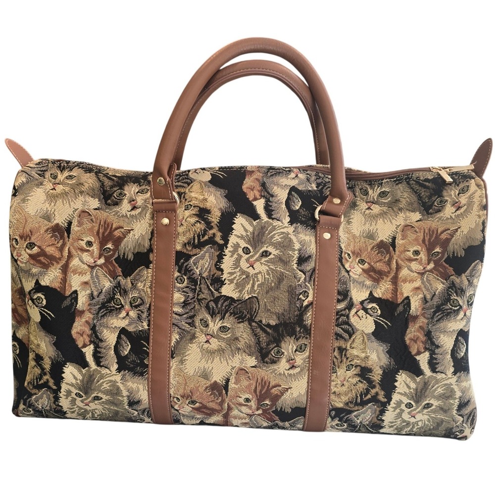 Vintage Style Kitten Tapestry Duffle Bag Cat Print Weekender Travel Bag Large